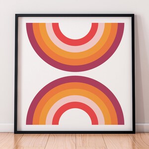 Modern Art of Stripes in Half Moon in Red, Pink, Orange and Purple