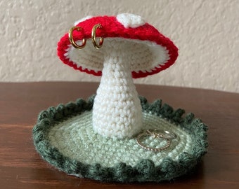 Handmade Crochet Mushroom Earring and Ring Holder- Red Toadstool with Spots 2.5”Tall (Jewelry Not Included)