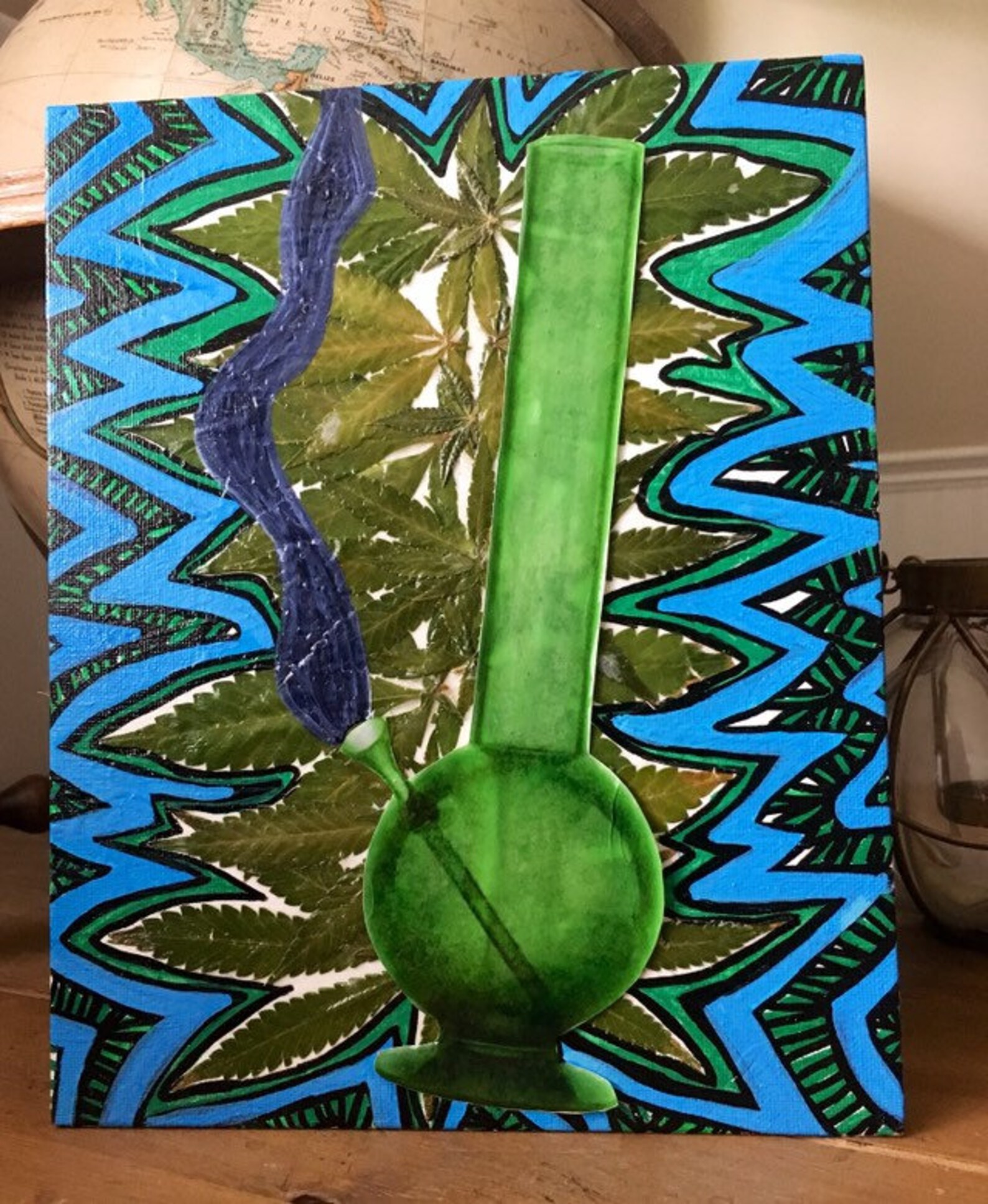Smoking bong painting on marijuana leaf and line background Etsy