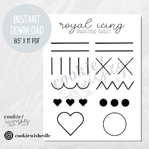 May include: Printable royal icing practice sheet with lines, waves, hearts, and circles. The sheet is 8.5 inches by 11 inches and is a PDF download.