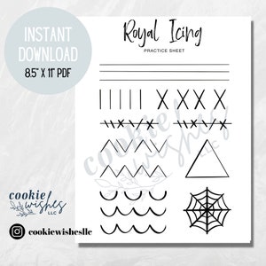 May include: Printable royal icing practice sheet with lines, crosses, zigzags, waves, a triangle, and a spider web. The sheet is 8.5 inches by 11 inches.