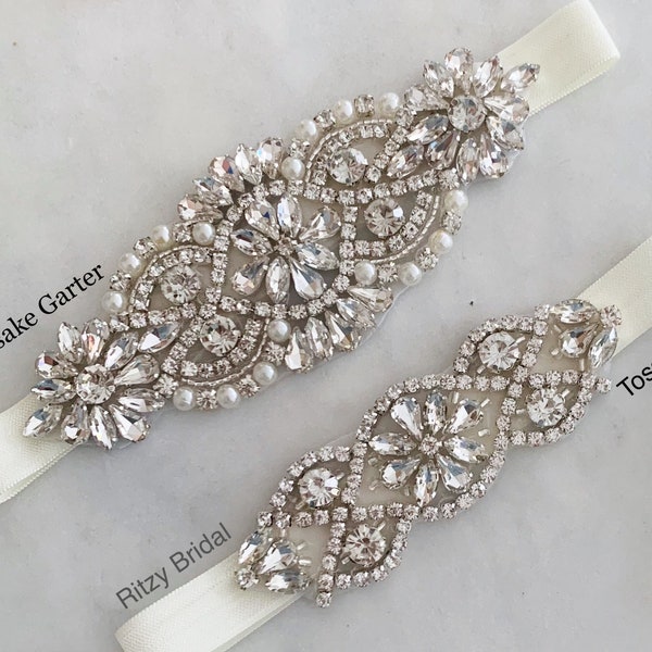 Set giarrettiera da sposa color avorio: giarrettiera da sposa con strass e antiscivolo