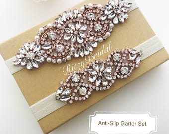 wedding garter, bridal garter, keepsake garter, toss garter, ivory garter, rose gold garter, garter belt, rhinestone garter, crystal garter