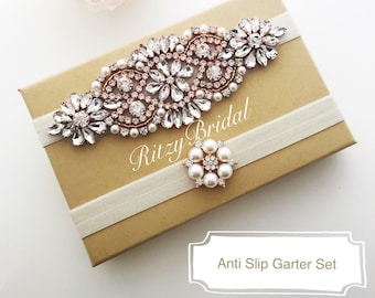 Rose Gold Rhinestone Wedding Garter Set: Ivory Bridal Keepsake