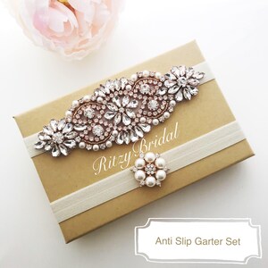 Set di giarrettiere da sposa con strass in oro rosa: ricordo nuziale in avorio