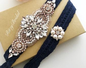 Wedding Garter Set on Navy Lace - Rose Gold Embellishment and Pearls
