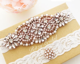 wedding garter rose gold, bridal garter rose gold, ivory rose gold garter, rose gold garters, garter belt rose gold, rhinestone garter