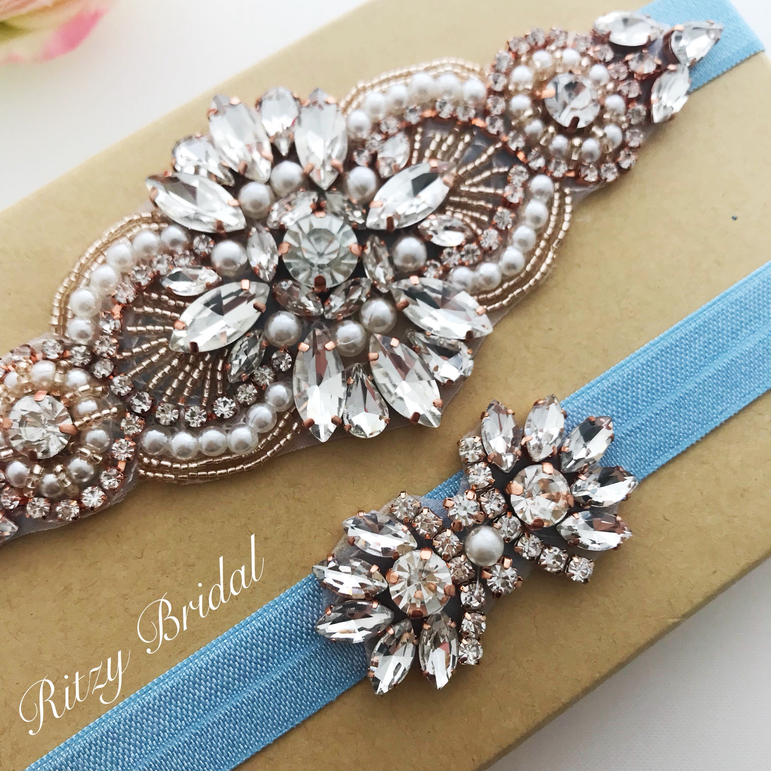 Blue Wedding Garter Set: Rose Gold Jeweled Bridal Garters
