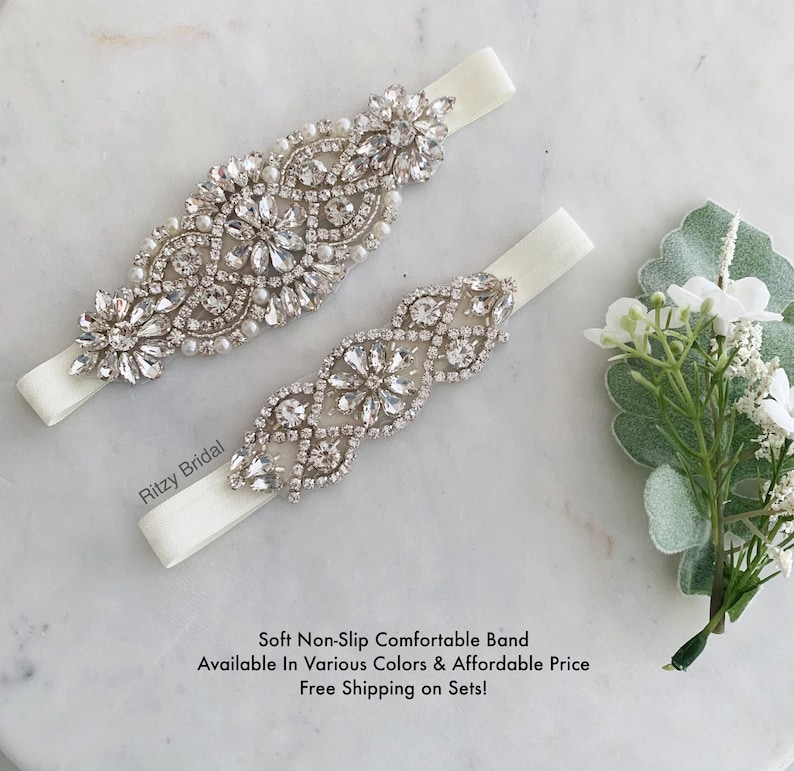 Soft Non Slip Ivory Band embellished with sparkling and gorgeous rhinestone and pearls to create a beautiful keepsake and toss garter set for brides and weddings.