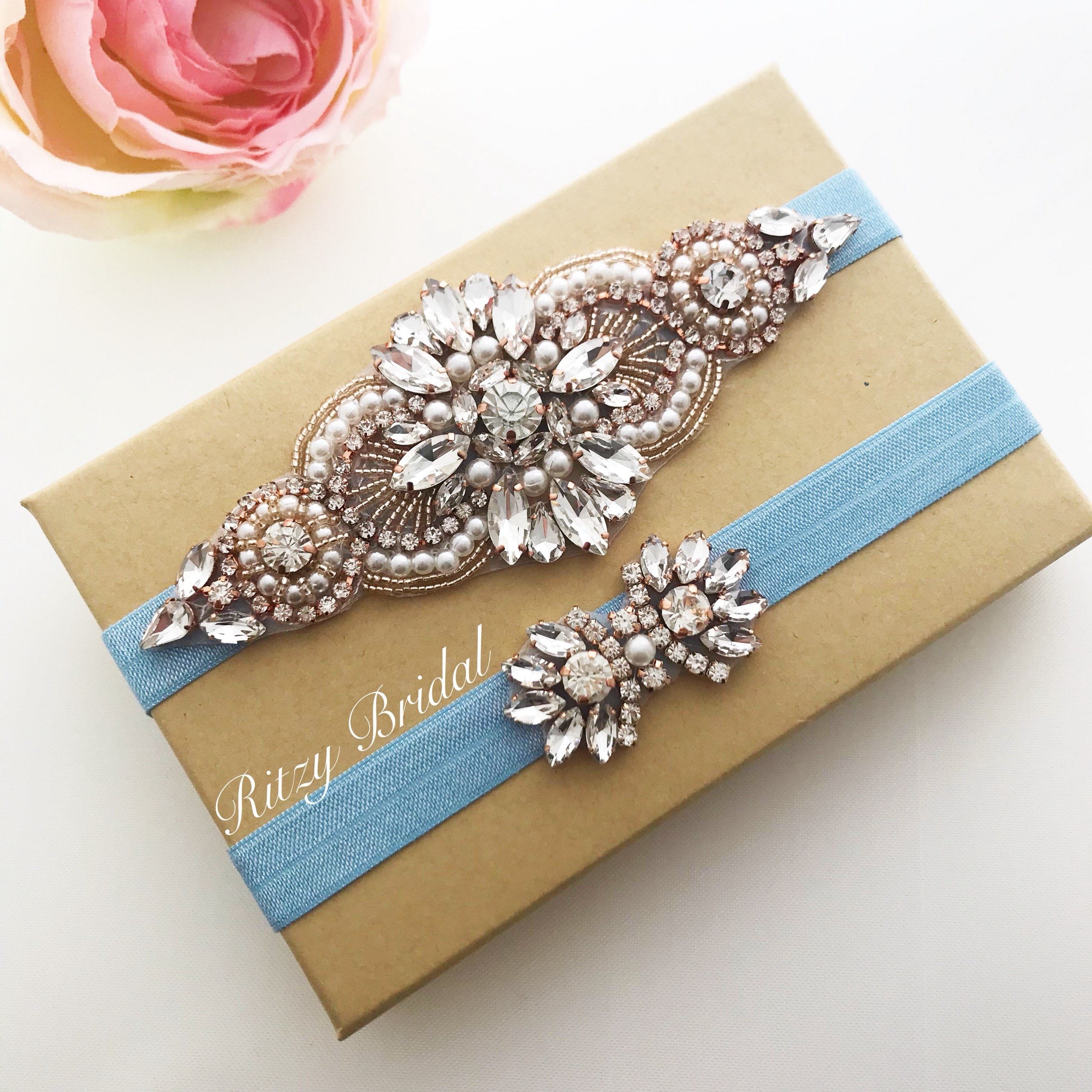 Blue Wedding Garter Set: Rose Gold Jeweled Bridal Garters