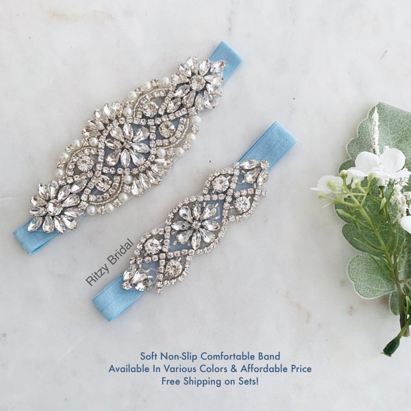 Dusty Blue Wedding Garter Set - Something Blue Garter For Brides - Garters For Wedding