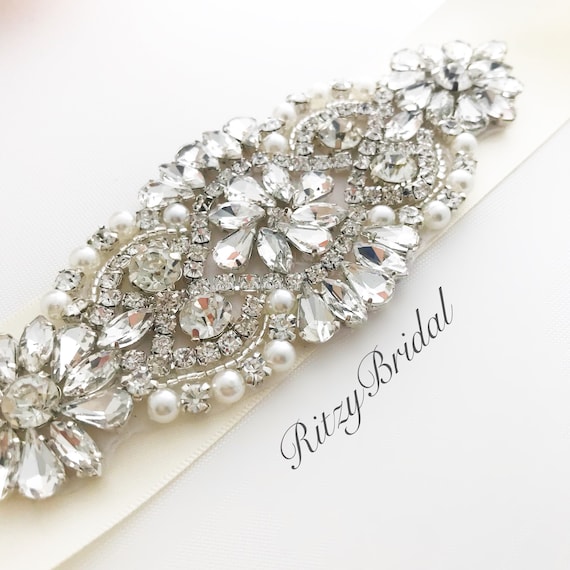 Crystal Pearl Wedding Sash: Rhinestone Bridal Belt - Etsy display picture 1