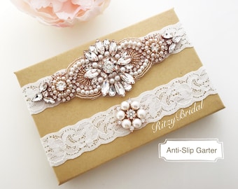 Rose Gold Accented Rhinestones and Pearls on White Lace - Garter For Wedding, Garters For Brides