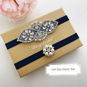 wedding garter, bridal garter, garters for wedding, garter belt, garters, rhinestone garter, wedding garter navy, navy wedding garter set
