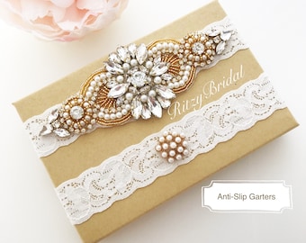 wedding garter gold, bridal garter gold, ivory gold garter, gold garters, garter belt,  garters, garters for wedding, pearl crystal garter