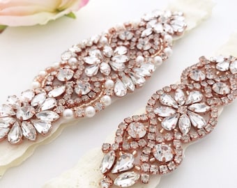Rose Gold Rhinestone Wedding Garter Set: Ivory Bridal Garters