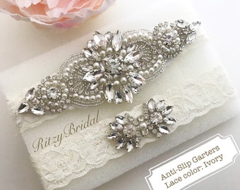 Ivory Lace Wedding Garter Set: Rhinestone & Pearl Bridal Garters