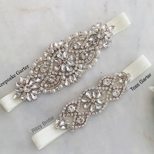 Soft Non Slip Ivory Band embellished with sparkling and gorgeous rhinestone and pearls to create a beautiful keepsake and toss garter set for brides and weddings.