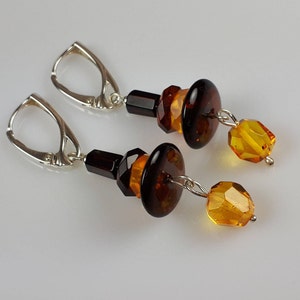 Genuine Baltic Amber Dangle Earrings, Faceted Amber Jewelry, Beads Honey and Cherry 925 Sterling Silver