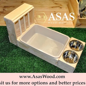 Rabbit hay feeder with litter box and food bowls, Made by AsasWood