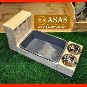 Rabbit hay feeder with litter box and food bowls, Made by AsasWood