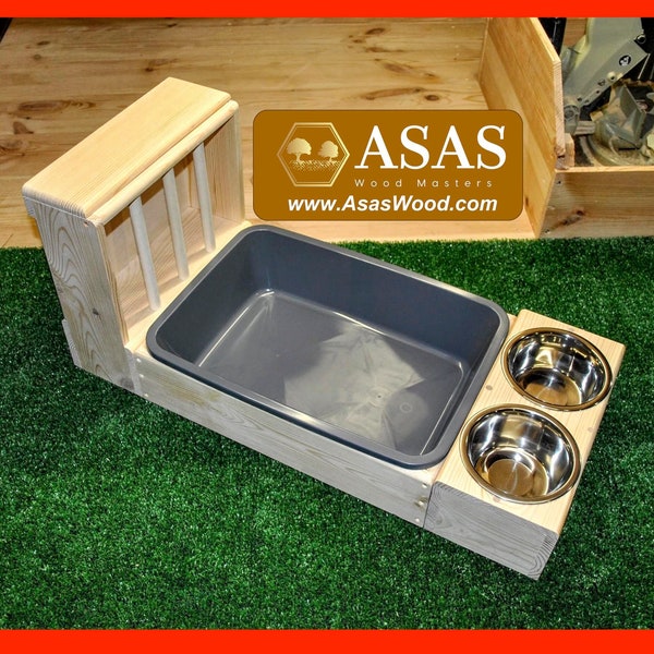 Rabbit hay feeder with litter box and food bowls, Made by AsasWood