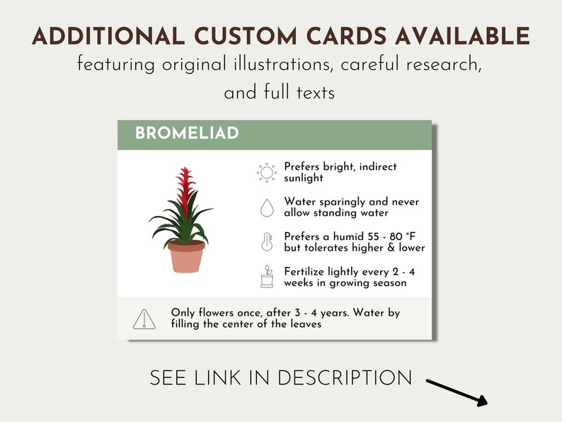 Pode incluir: Um cart&atilde;o imprim&iacute;vel com uma ilustra&ccedil;&atilde;o de uma planta de Brom&eacute;lia em um vaso de terracota. O cart&atilde;o inclui instru&ccedil;&otilde;es de cuidados para a planta, como rega, luz solar e prefer&ecirc;ncias de temperatura. O texto no cart&atilde;o diz "Bromeliad", "Prefere luz brilhante e indireta", "Regue com modera&ccedil;&atilde;o e nunca permita que a &aacute;gua fique parada", "Prefere uma umidade de 55-80 &deg;F, mas tolera temperaturas mais altas e mais baixas", "Fertilize levemente a cada 2-4 semanas durante a esta&ccedil;&atilde;o de crescimento", "Floresce apenas uma vez, ap&oacute;s 3-4 anos. Regue enchendo o centro das folhas", e "VER LINK NA DESCRI&Ccedil;&Atilde;O".