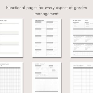 May include: A collection of six printable garden management pages. The pages include a plant care guide, seed inventory, action plan, monthly care tracker, garden summary, and planting calendar. The text "Functional pages for every aspect of garden management" is at the top.