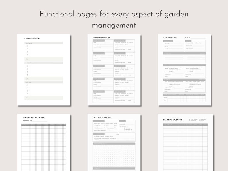 May include: A collection of six printable garden management pages. The pages include a plant care guide, seed inventory, action plan, monthly care tracker, garden summary, and planting calendar. The text "Functional pages for every aspect of garden management" is at the top.