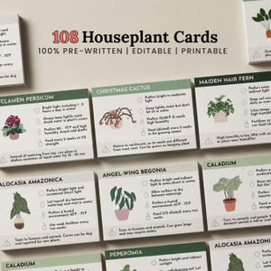 以下が含まれることがあります： 108枚の観葉植物カードのセット。事前に書かれており、編集と印刷が可能です。各カードには植物のイラストと、光、水、温度の好みなど、ケアの説明が記載されています。カードは簡単に参照できるように設計されています。