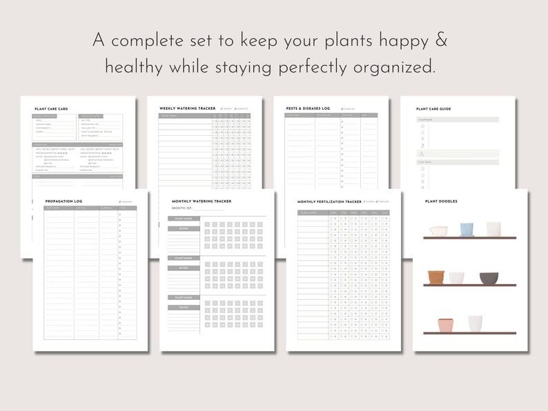 May include: A set of plant care printables, including a plant care card, watering tracker, pest and disease log, and plant care guide. The set also includes a propagation log, monthly watering tracker, monthly fertilization tracker, and plant doodles.