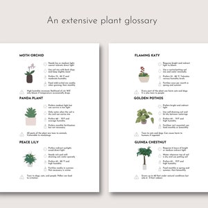 May include: Two white pages with plant care information. The text "An extensive plant glossary" is at the top. The left page features a Moth Orchid, Panda Plant, and Peace Lily. The right page features a Flaming Katy, Golden Pothos, and Guinea Chestnut.
