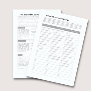 May include: Two white pages with text, titled "Soil Beginner's Guide" and "Compost Beginner's Guide." The guides list information about soil texture, structure, and composting ingredients. The pages are on a light beige background.