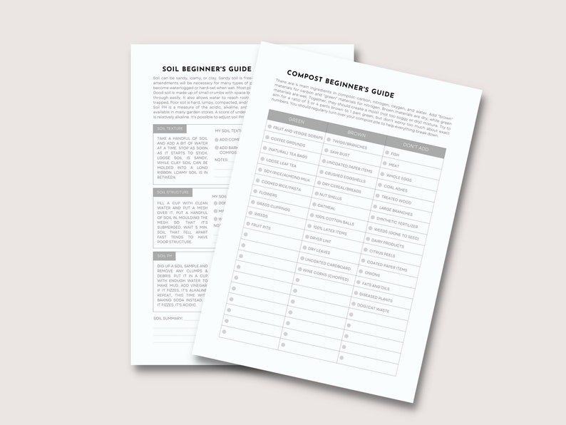 May include: Two white pages with text, titled "Soil Beginner's Guide" and "Compost Beginner's Guide." The guides list information about soil texture, structure, and composting ingredients. The pages are on a light beige background.