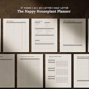 May include: A collection of printed planner pages with the text "The Happy Houseplant Planner." The pages include sections for repotting logs, plant care cards, and watering trackers. The planner is available in A4, A5, Letter, and Half-Letter sizes.