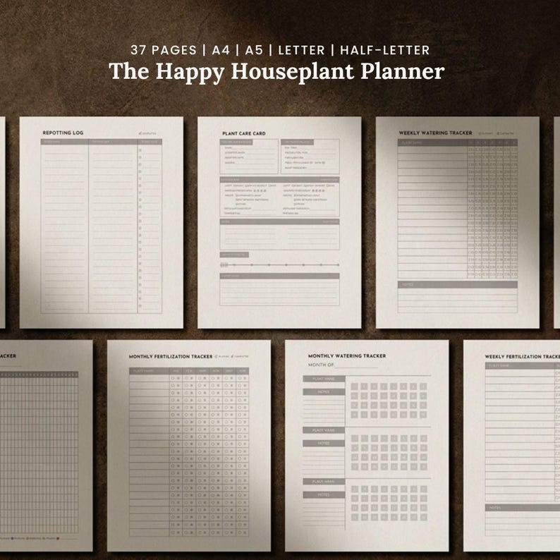 May include: A collection of printed planner pages with the text "The Happy Houseplant Planner." The pages include sections for repotting logs, plant care cards, and watering trackers. The planner is available in A4, A5, Letter, and Half-Letter sizes.