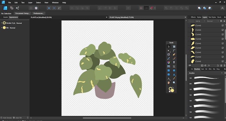 Pode incluir: Uma ilustra&ccedil;&atilde;o digital de uma planta em vaso com folhas verdes com marcas amarelas. A planta est&aacute; em um vaso de cor p&uacute;rpura claro.
