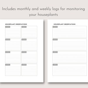 May include: Two white pages with gray text and boxes for tracking houseplants. The text at the top reads, "Includes monthly and weekly logs for monitoring your houseplants." The left page has weekly logs, and the right page has monthly logs.