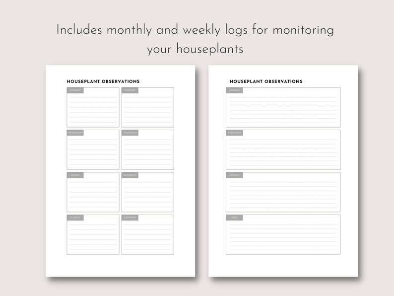 May include: Two white pages with gray text and boxes for tracking houseplants. The text at the top reads, "Includes monthly and weekly logs for monitoring your houseplants." The left page has weekly logs, and the right page has monthly logs.