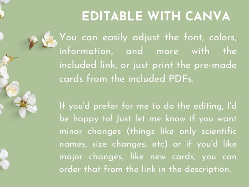 Pode incluir: Texto sobre um fundo verde com flores brancas ao redor das bordas. O texto diz "EDIT&Aacute;VEL COM CANVA Voc&ecirc; pode facilmente ajustar a fonte, as cores, as informa&ccedil;&otilde;es e muito mais com o link inclu&iacute;do, ou simplesmente imprimir os cart&otilde;es pr&eacute;-feitos dos PDFs inclu&iacute;dos. Se voc&ecirc; preferir que eu fa&ccedil;a a edi&ccedil;&atilde;o, ficarei feliz em fazer isso! Apenas me avise se voc&ecirc; quiser altera&ccedil;&otilde;es menores (como apenas nomes cient&iacute;ficos, altera&ccedil;&otilde;es de tamanho, etc.) ou se voc&ecirc; quiser altera&ccedil;&otilde;es maiores, como novos cart&otilde;es, voc&ecirc; pode encomend&aacute;-los atrav&eacute;s do link na descri&ccedil;&atilde;o."