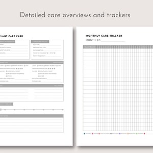 May include: Two-page spread of a plant care planner. The left page is a plant care card with sections for general information, summer care, winter care, pests, and a growth timeline. The right page is a monthly care tracker with a grid for tracking plant care.