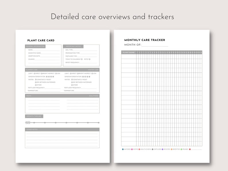 May include: Two-page spread of a plant care planner. The left page is a plant care card with sections for general information, summer care, winter care, pests, and a growth timeline. The right page is a monthly care tracker with a grid for tracking plant care.