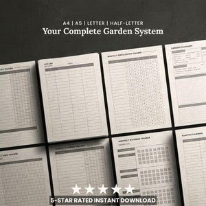 May include: A collection of garden planning sheets with the text "Your Complete Garden System." The sheets include sections for tracking sun, area, fertilization, watering, and planting. The text "5-STAR RATED INSTANT DOWNLOAD" is also visible.