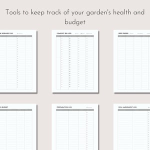 May include: A collection of six printable garden planning sheets. The sheets include sections for pests and diseases, compost bin, seed order, garden budget, propagation, and soil amendment logs. The text "Tools to keep track of your garden's health and budget" is at the top.