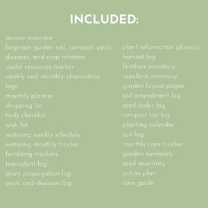May include: Text on a light green background lists items included in a gardening planner. The text includes "season overview," "beginner guides," "monthly planner," "shopping list," and "planting calendar."