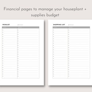 May include: Two white pages with lists for managing a houseplant budget. The left page is labeled "Wishlist" and the right page is labeled "Shopping List". Each page has columns for "Plants" and "Supplies", with lines for writing.