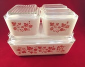 Pyrex Pink Gooseberry refrigerator dishes complete set.