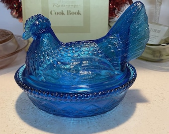 Rare Kanawha Royal Blue Hen on Nest 7” Vintage Glass Covered Dish