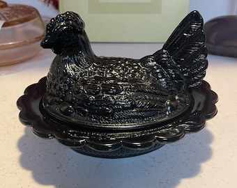 Mosser Black Glass Hen on Nest 6” Vintage Covered Candy Dish