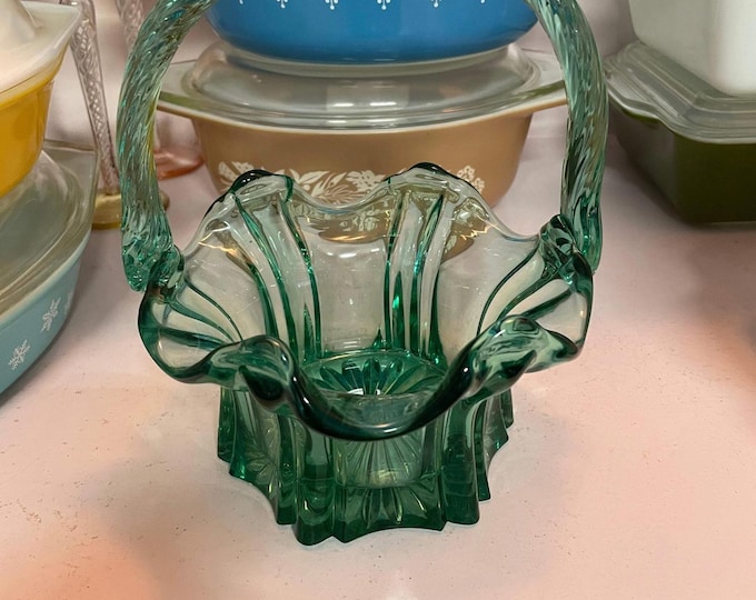 Vintage Fenton Green Vulcan Art Glass Basket with Twisted Handle